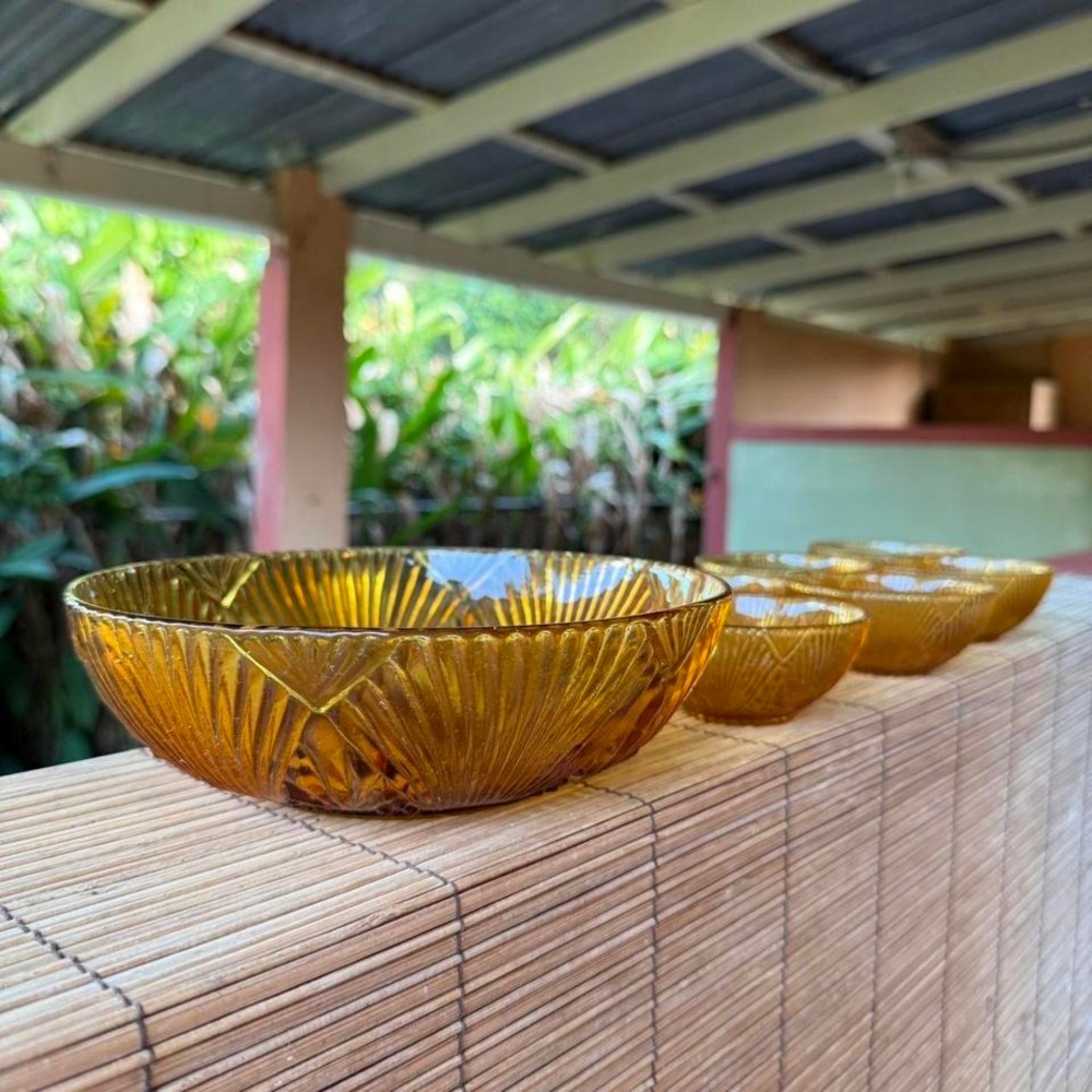 Amber Glass Bowl Set 7 Pieces Pressed Glass‎ Mid Century Style Serving Bowls